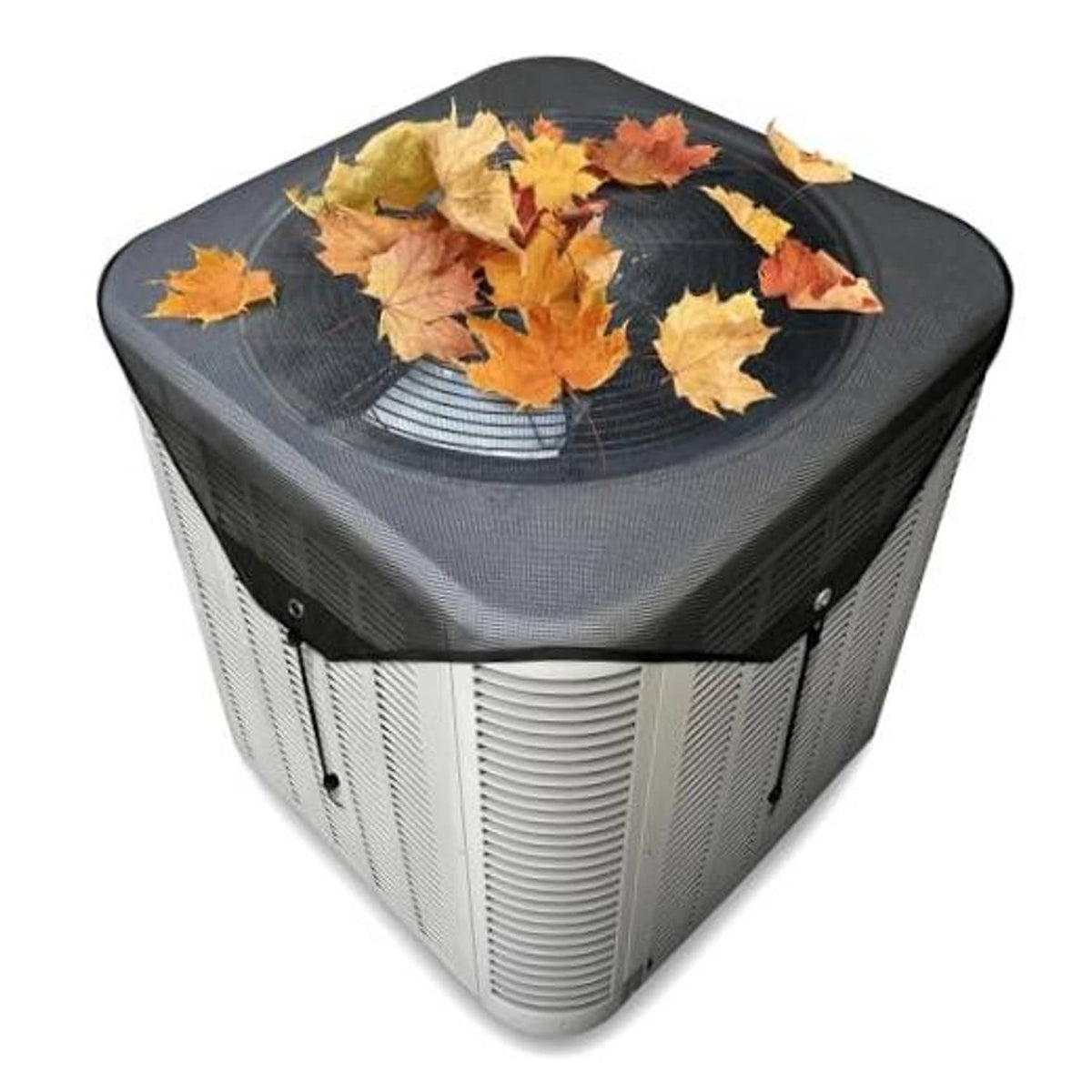 Outdoor AC unit mesh cover with black top and breathable sides, laid over condenser.