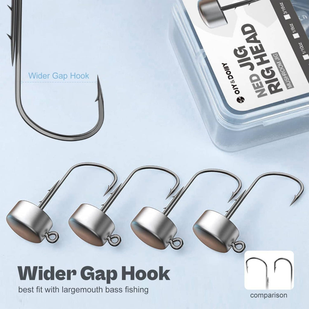 Ned rig jig heads with wider-gap hook, dark gray round lead head and split barbs