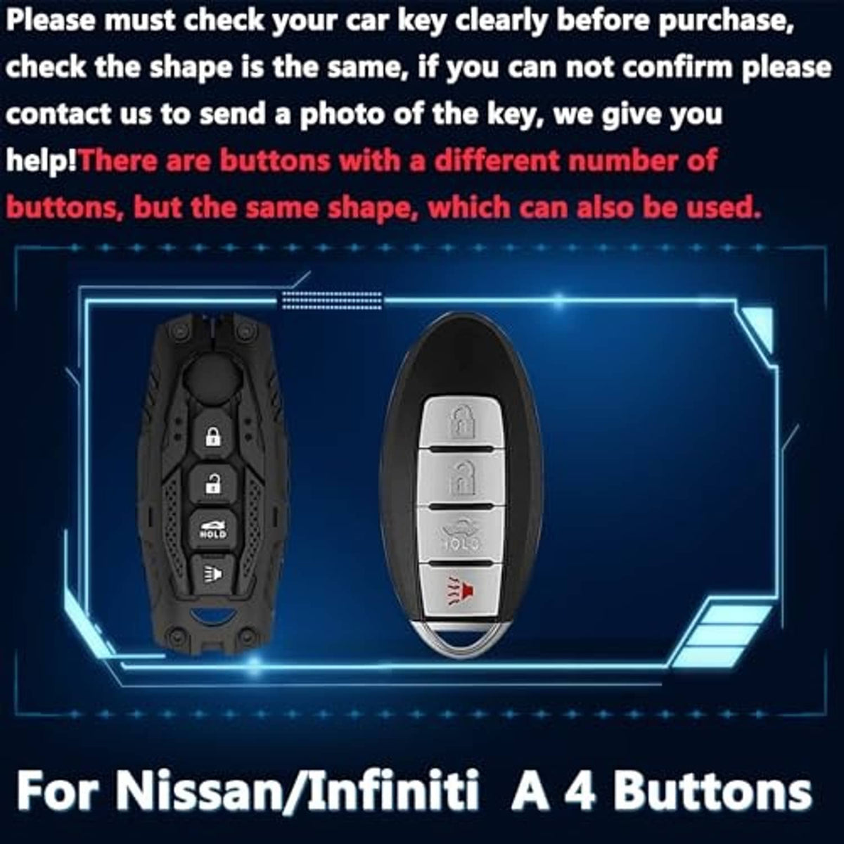Black key fob cover with 4-button layout, with matching front and rear key shell