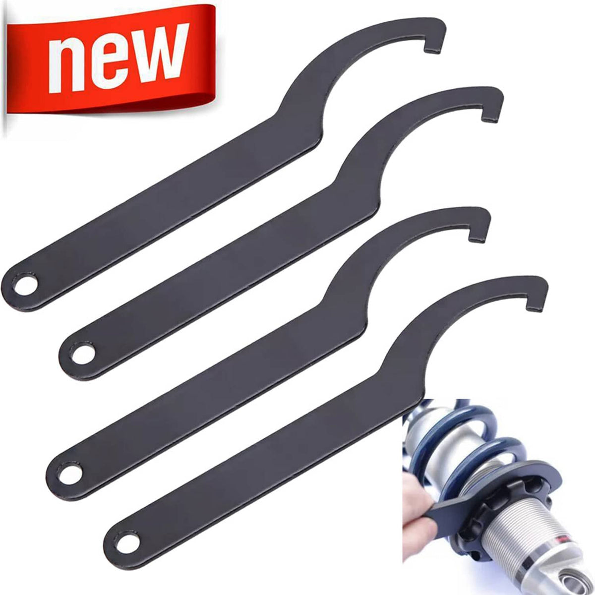 Set of four long dark gray C-spanner hook wrenches with round holes