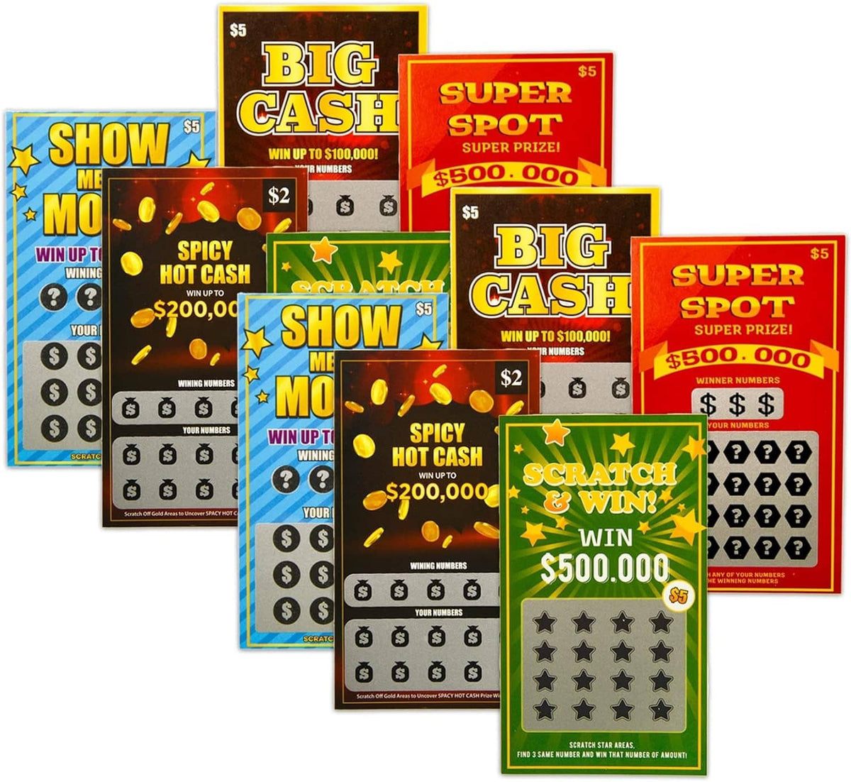Assorted colorful scratch-off lottery tickets stack with Big Cash and Scratch & Win designs
