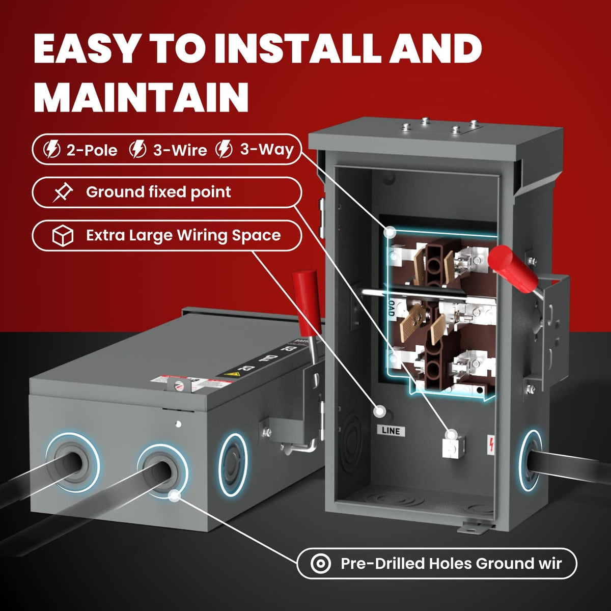 Gray generator transfer switch box with open wiring compartment and red operating handle