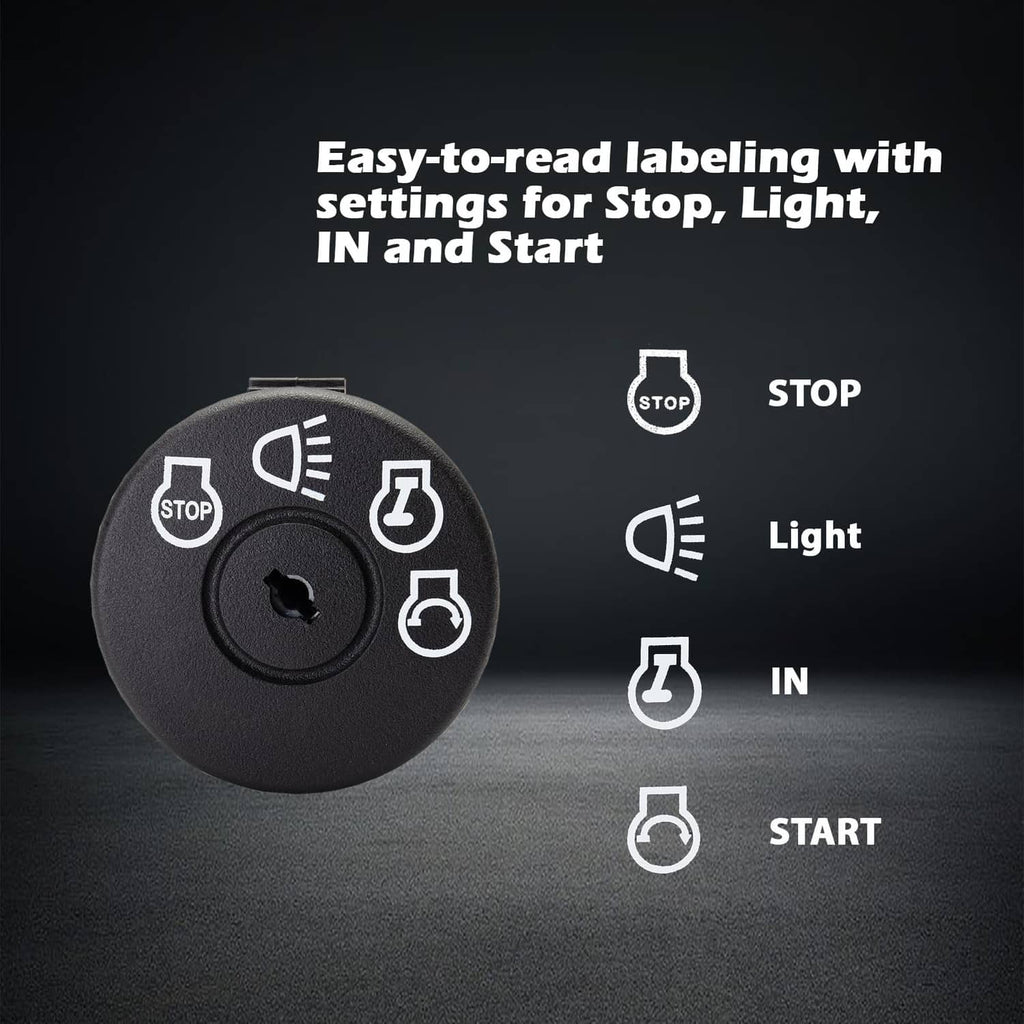 Black ignition switch with STOP, Light, IN, and START icon positions