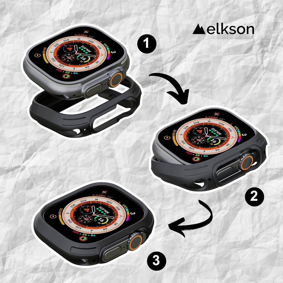 Dark gray Apple Watch Ultra bumper case with tempered glass screen protector, angled