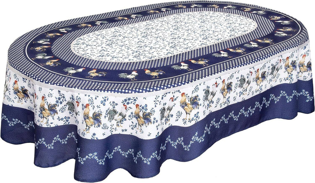 Blue and white oval tablecloth with farm animal print and navy scalloped border