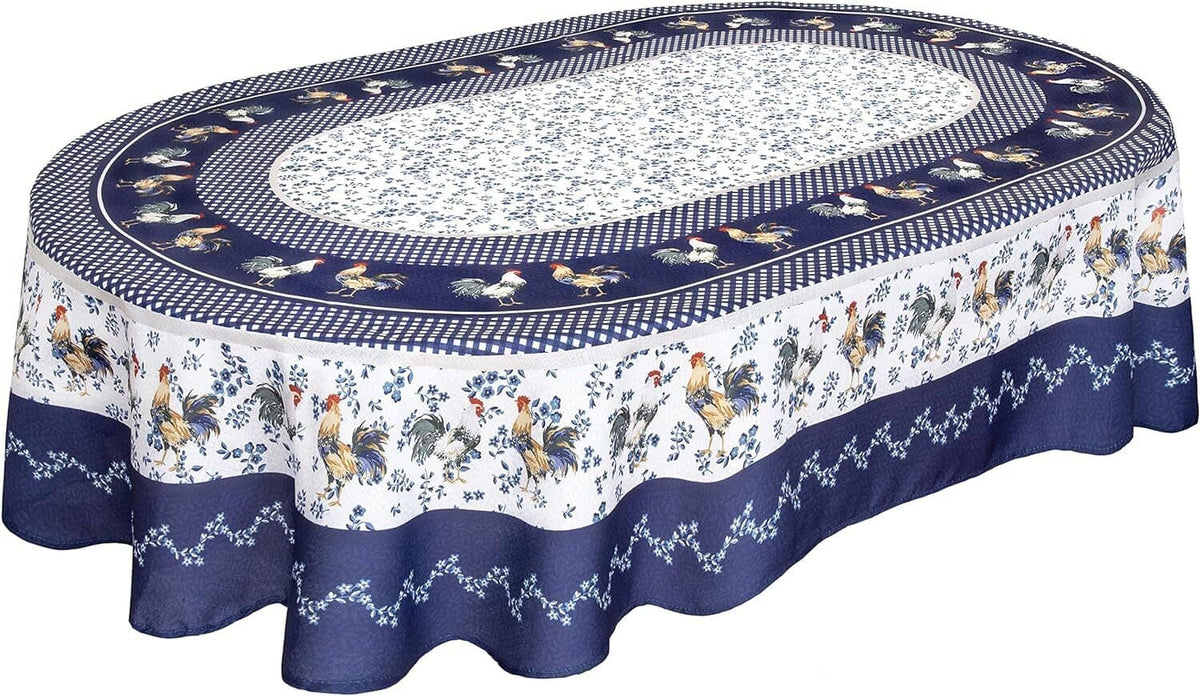 Blue and white oval tablecloth with farm animal print and navy scalloped border