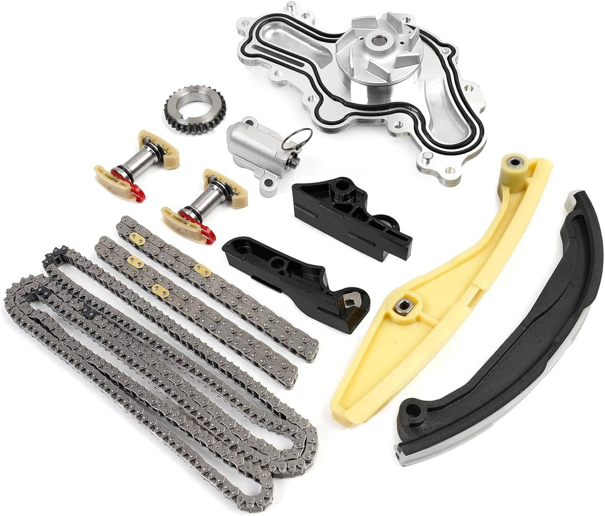 Timing chain and water pump kit with metal pump, chains, guides, and tensioners
