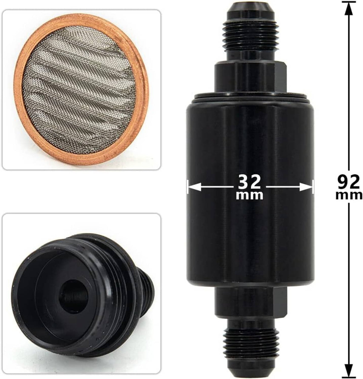 Black inline fuel filter body with threaded AN6 ports and circular mesh filter screen