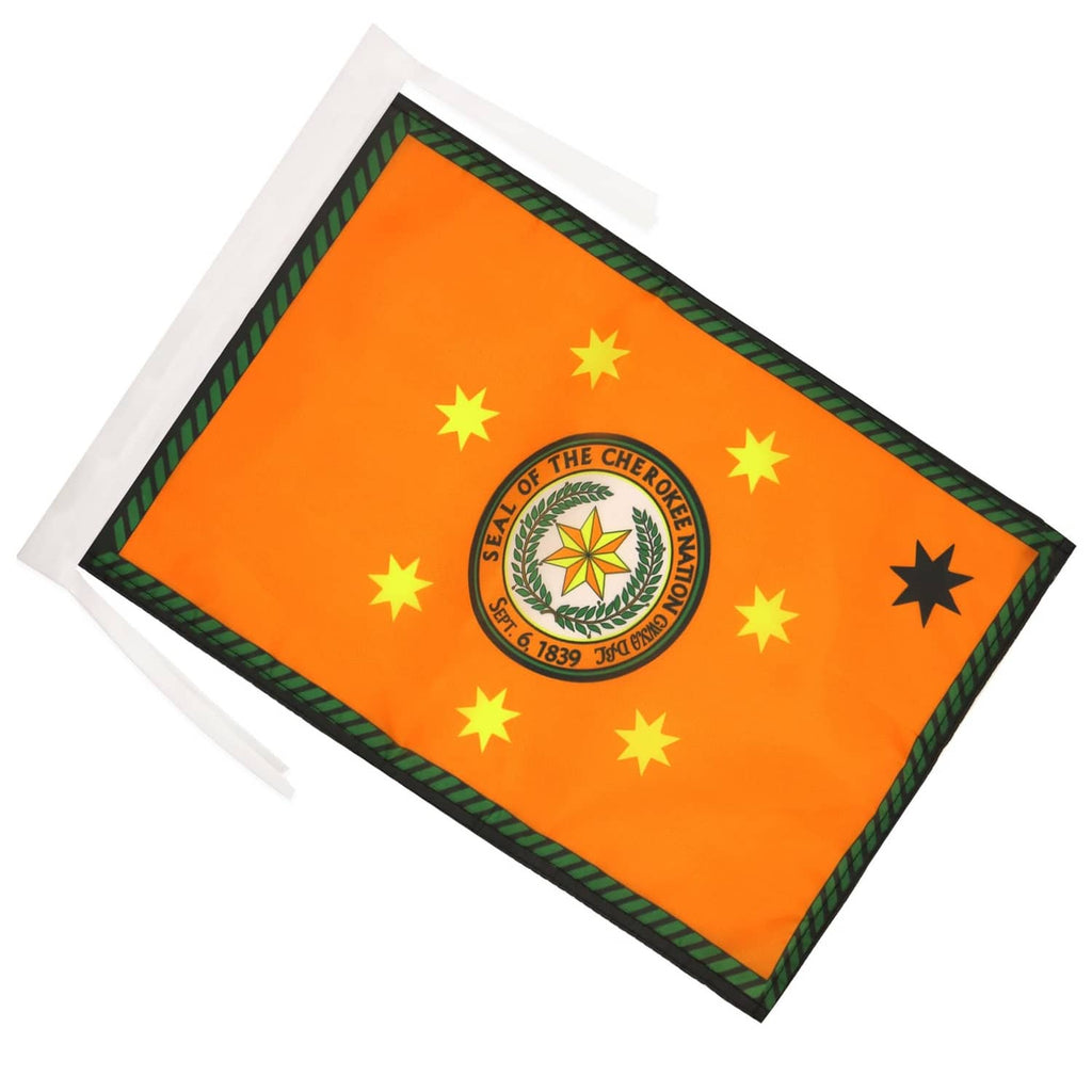 Cherokee Nation flag with orange field, circular seal and yellow stars, with hanging cords