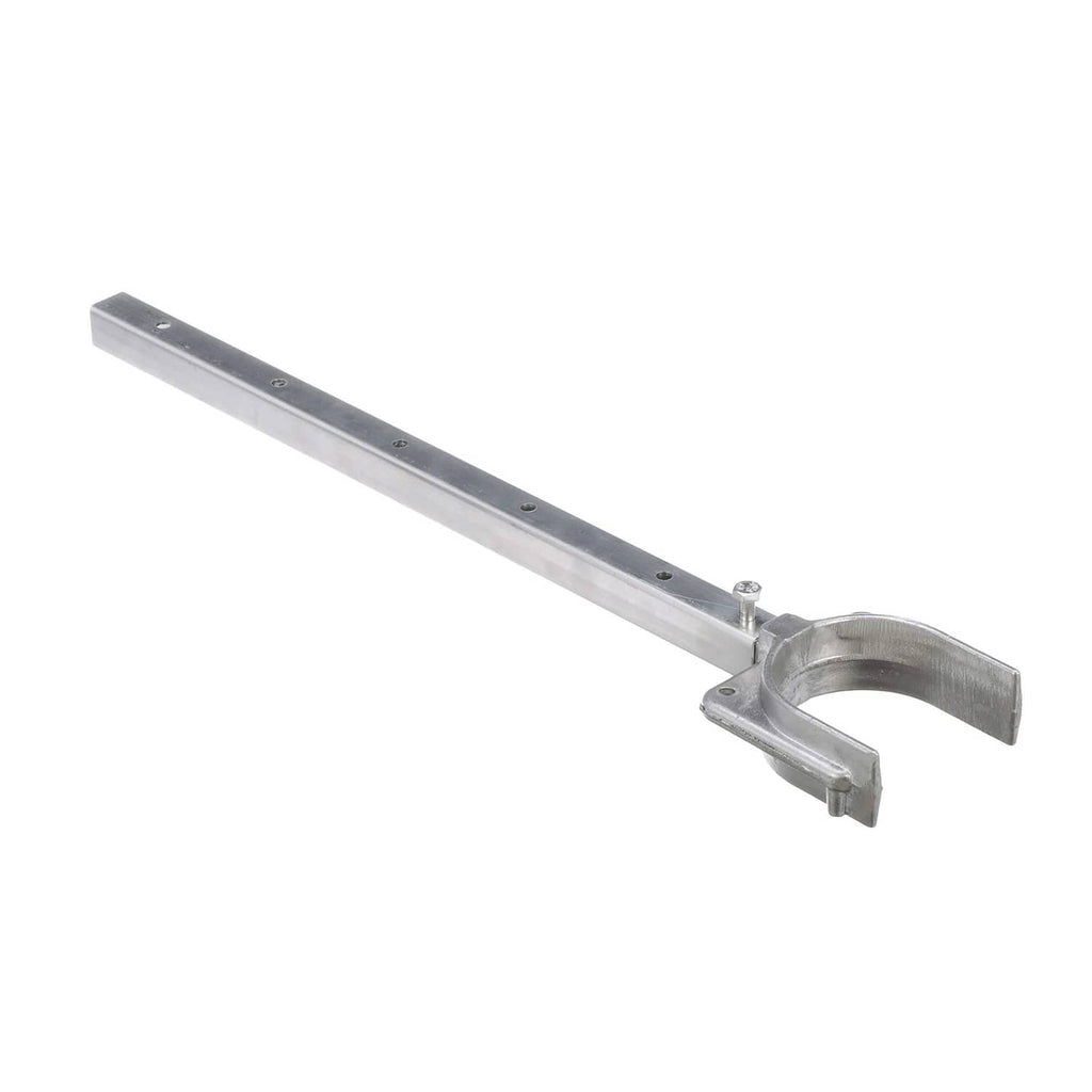 Silver transom saver mounting bracket with round clamp base and bolt holes