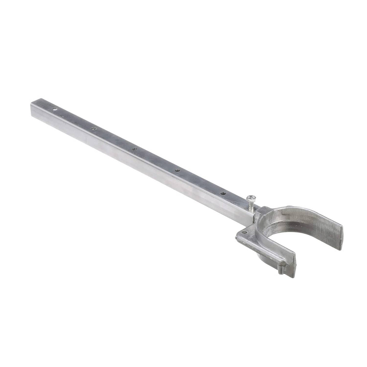 Silver transom saver mounting bracket with round clamp base and bolt holes