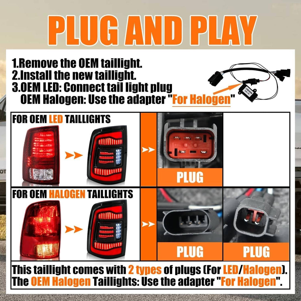 Plug-and-play tail light install steps diagram with OEM halogen and LED adapters