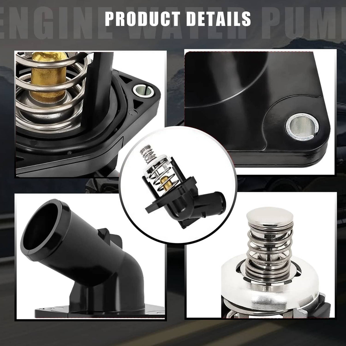 Water pump with thermostat, close-up of ports, black sensor plug, and spring seal