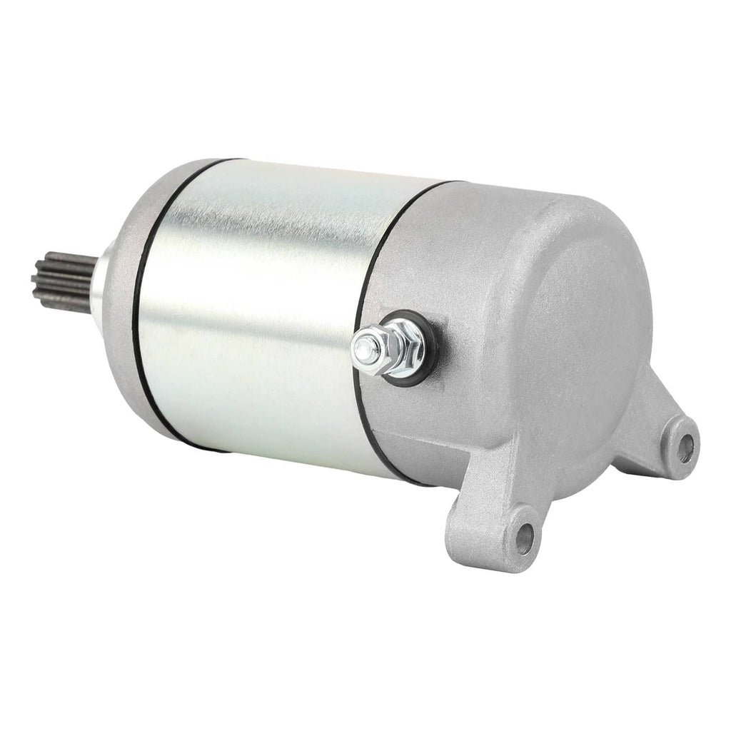 Silver ATV starter motor with side mounting feet and exposed gear shaft