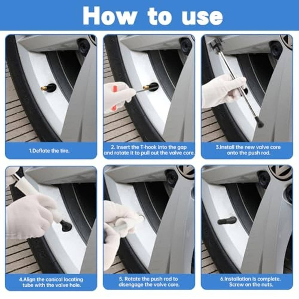Tire valve stem tool kit usage steps with gloved hand and valve core tools