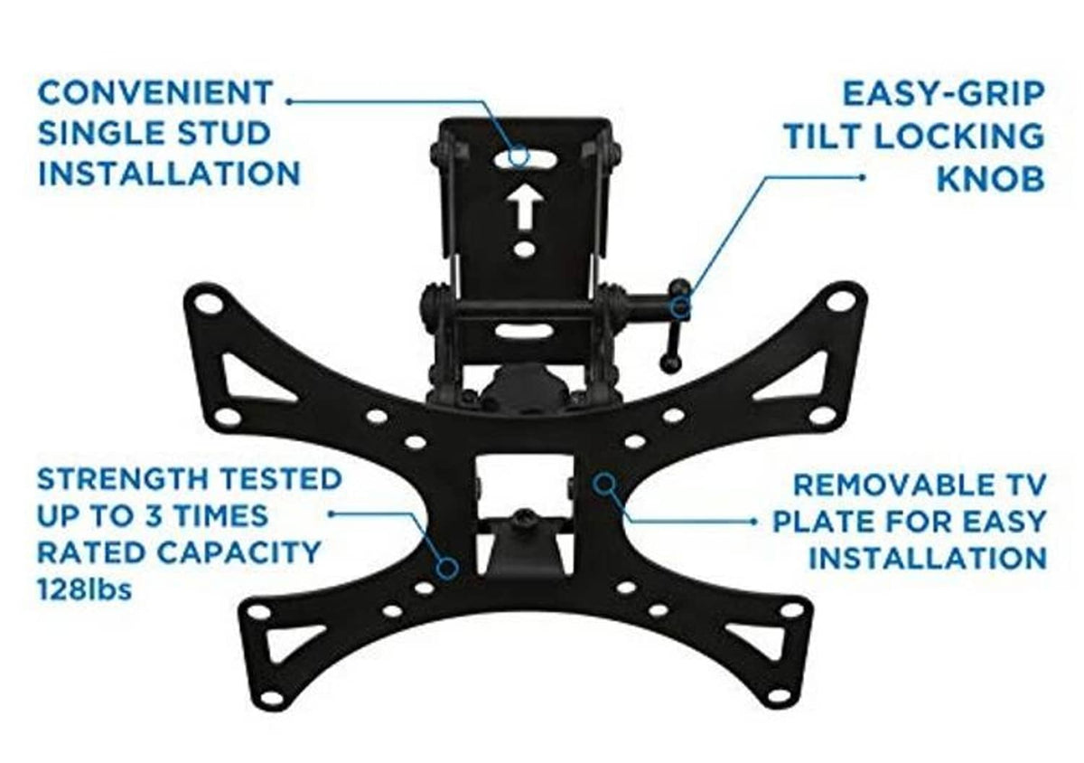 TV wall mount features diagram with tilt locking knob and removable mounting plate