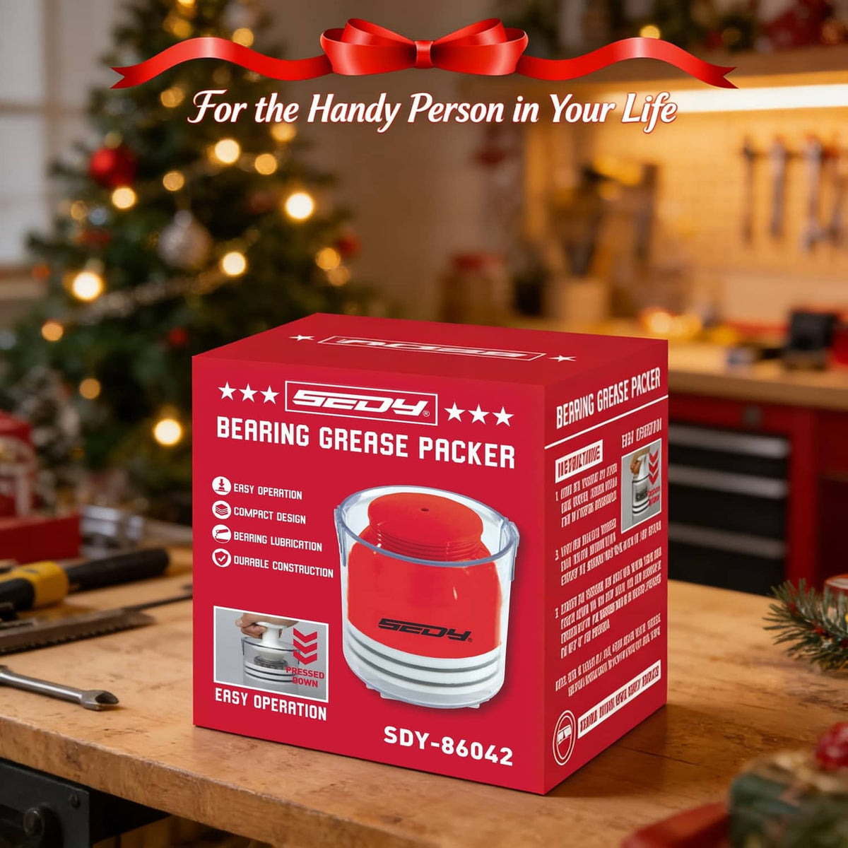 Bearing grease packer kit box with red container and clear cup illustration