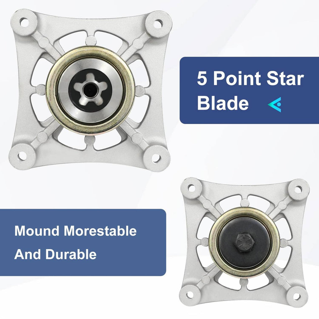 Silver mower spindle with 5-point star blade adapter and center hub