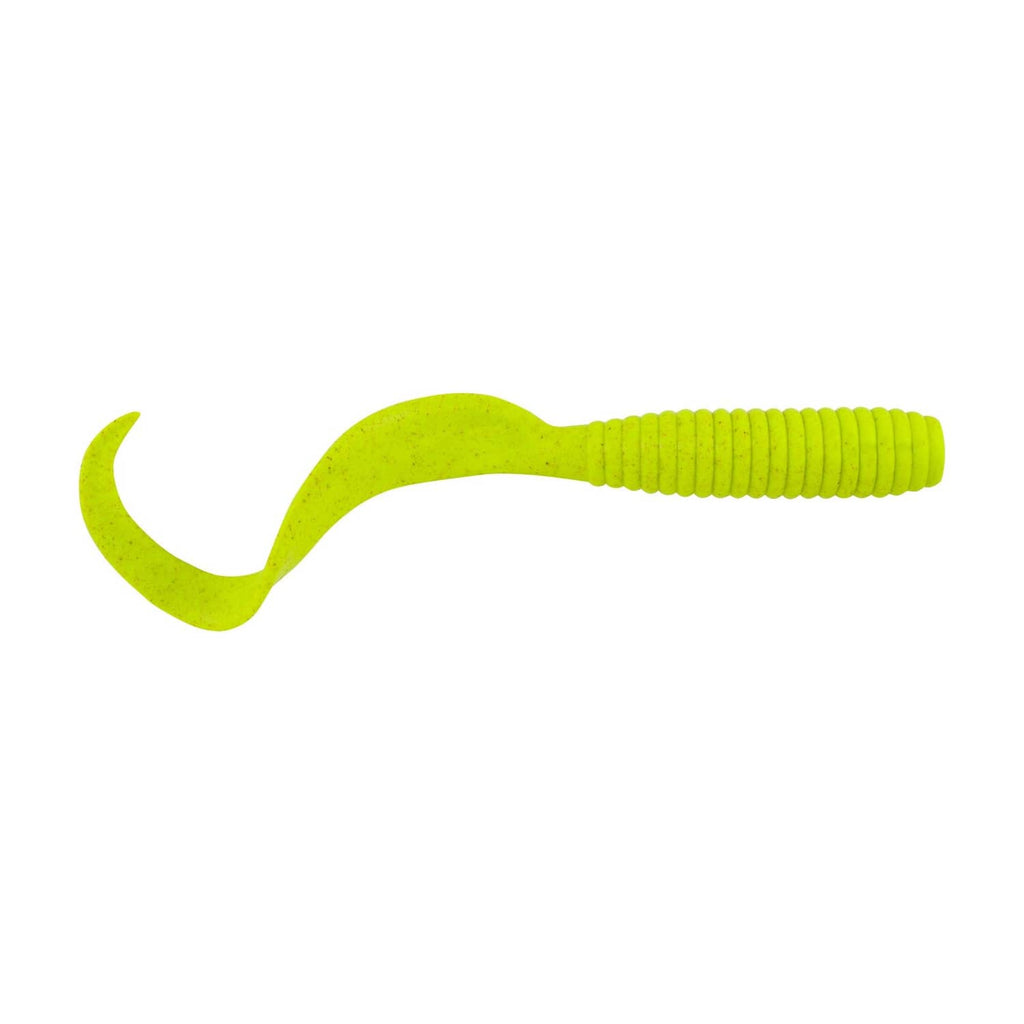 Chartreuse soft fishing bait trailer with curly fin tail, 6-inch style lure