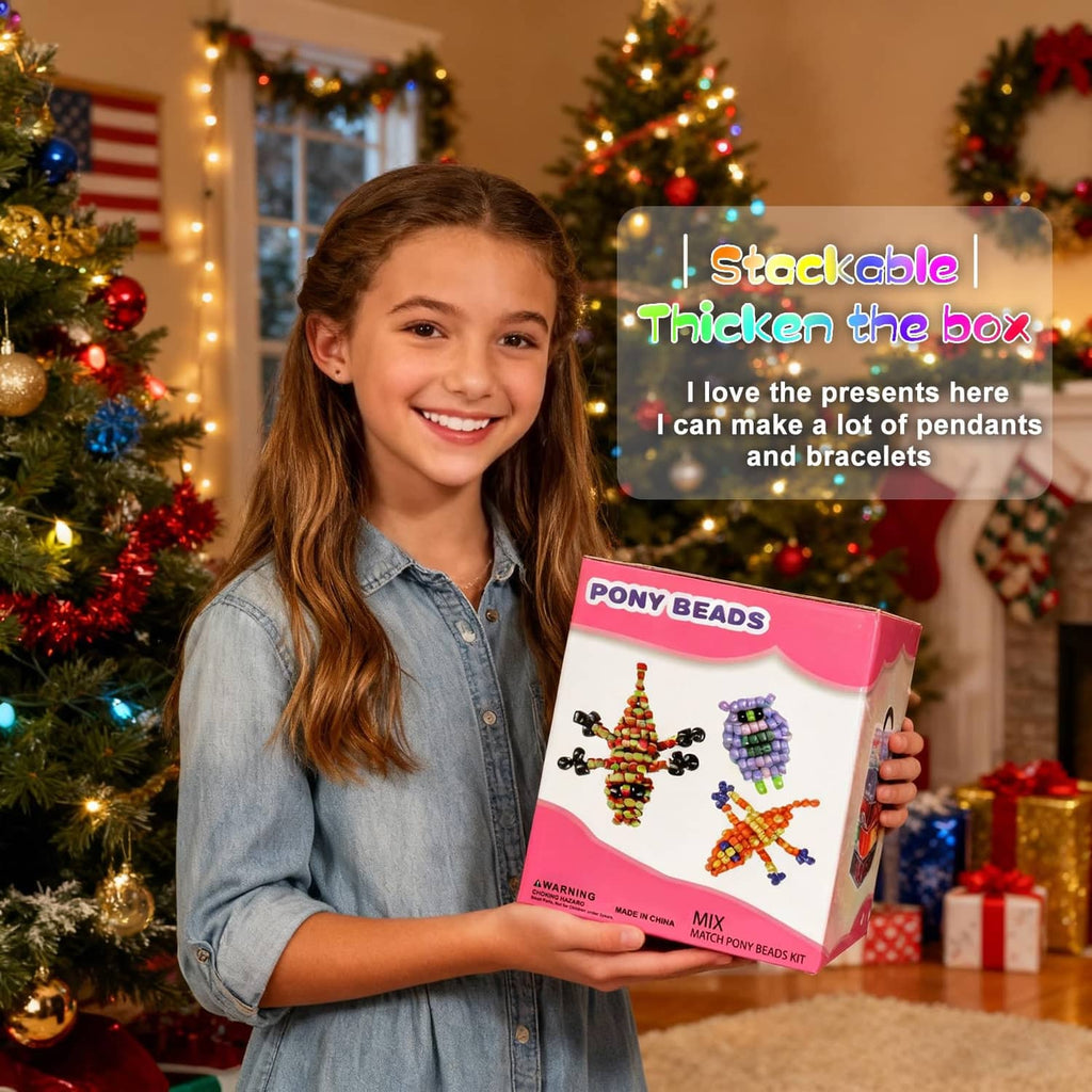 Girl holding a pony beads mix kit box for making bead charms and bracelets