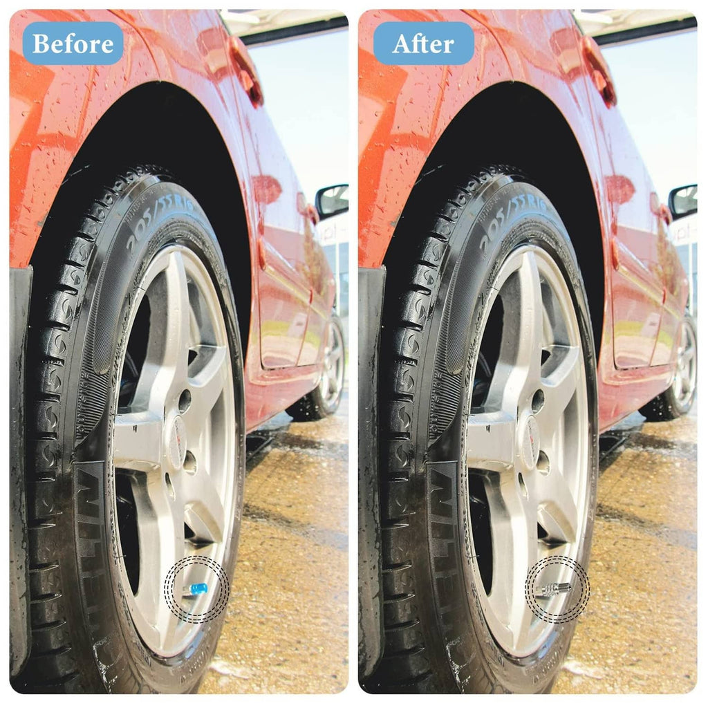 Car wheel tire with a silver metal valve stem cap installed