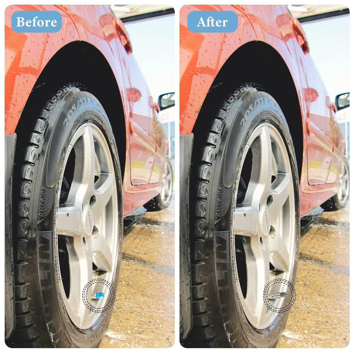 Car wheel tire with a silver metal valve stem cap installed