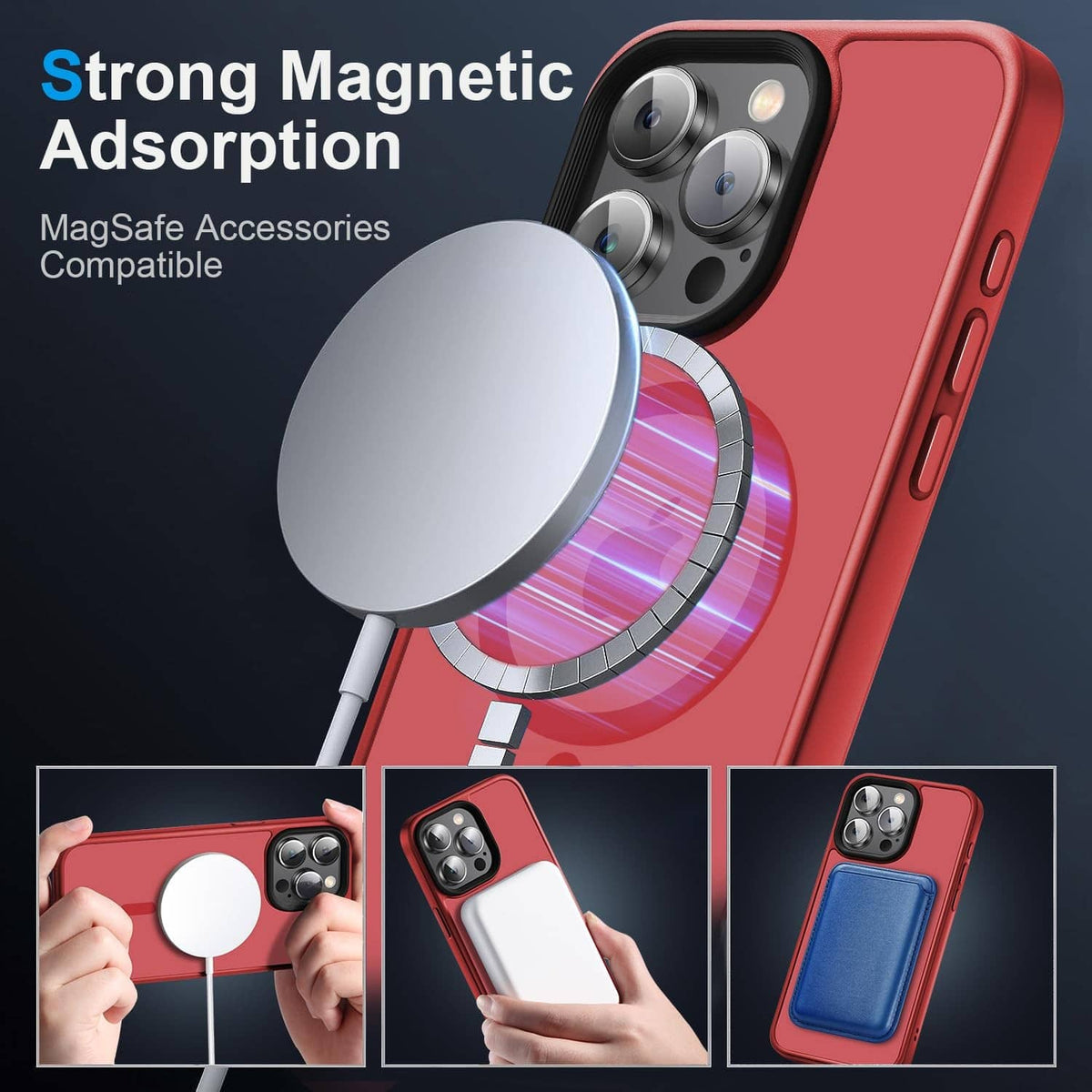Red magnetic phone case with MagSafe ring, covering iPhone camera and side buttons