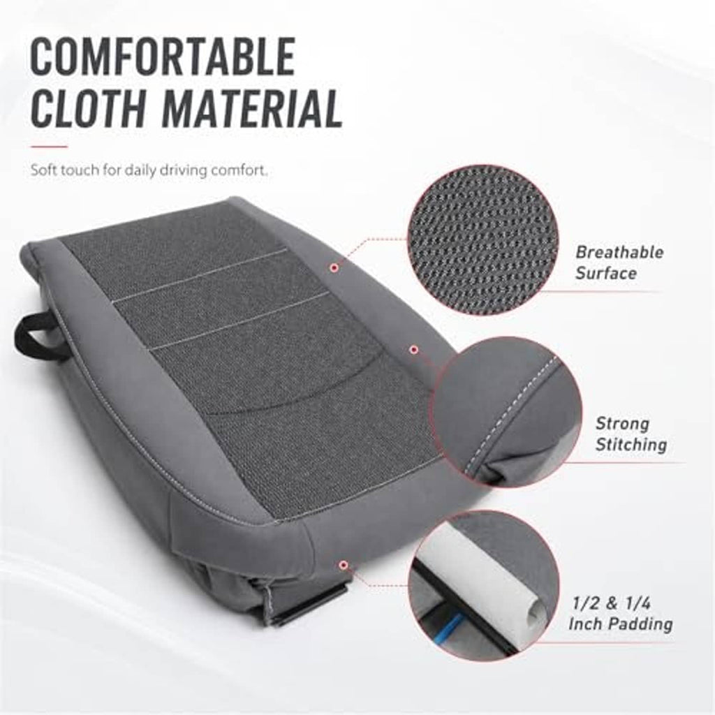 Dark gray cloth driver seat bottom cover with breathable textured surface and contrast stitching.