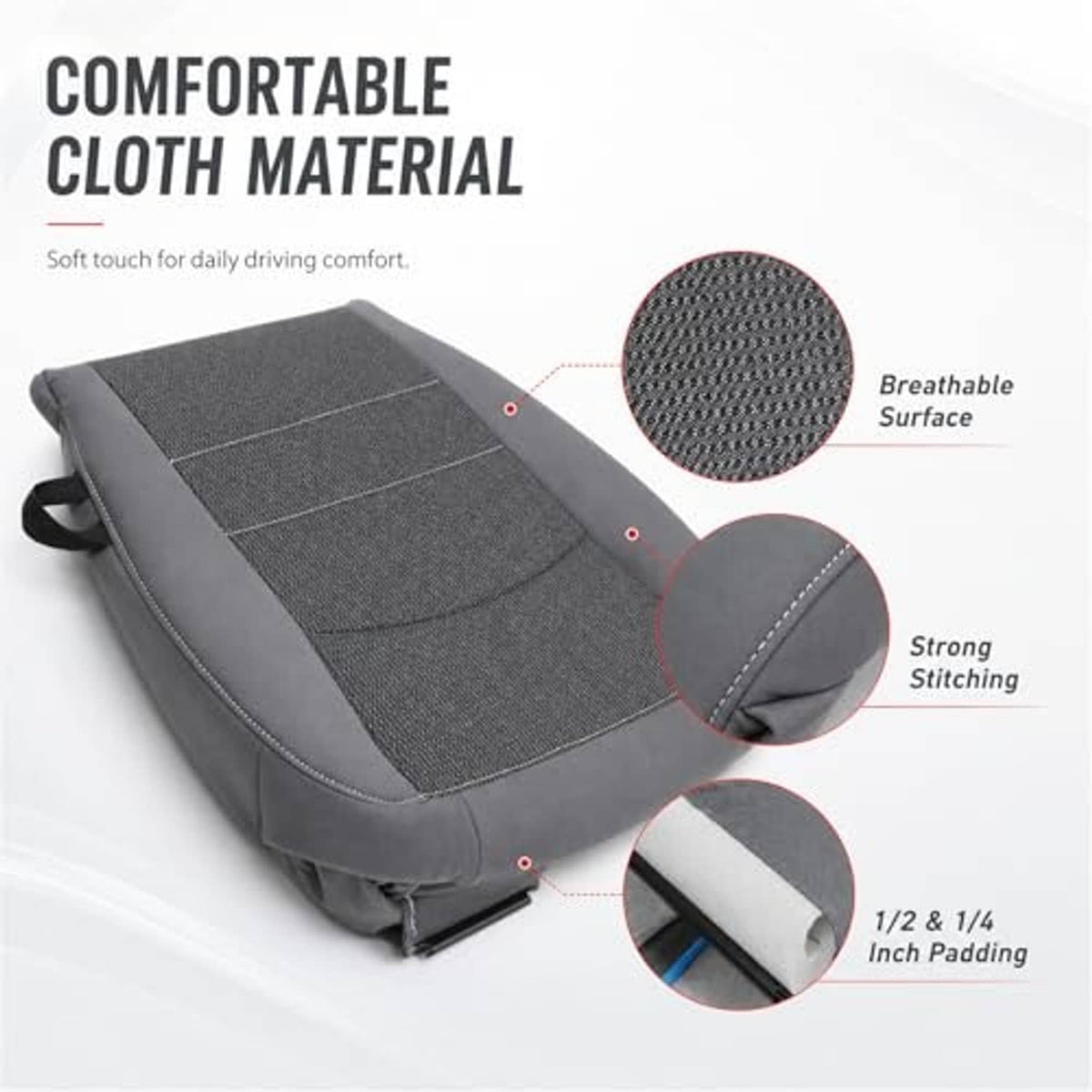 Dark gray cloth driver seat bottom cover with breathable textured surface and contrast stitching.