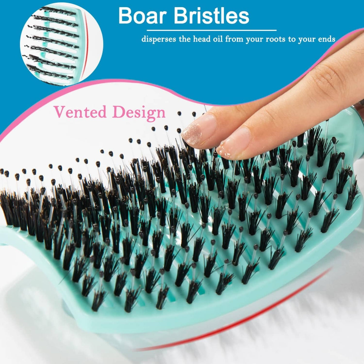 Teal vented paddle hair brush with black bristles, shown with hand holding brush