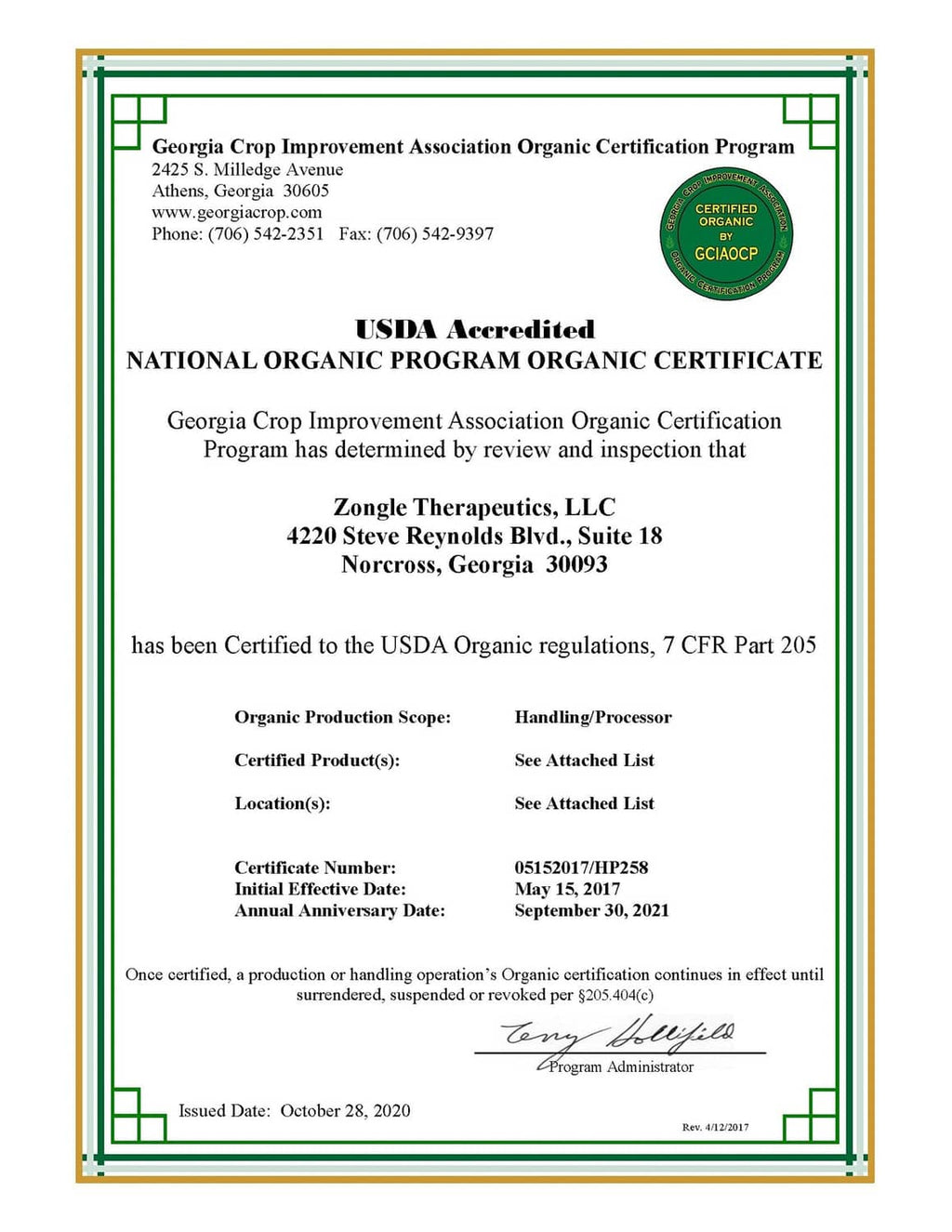 USDA organic certificate document with certified organic program details and dates