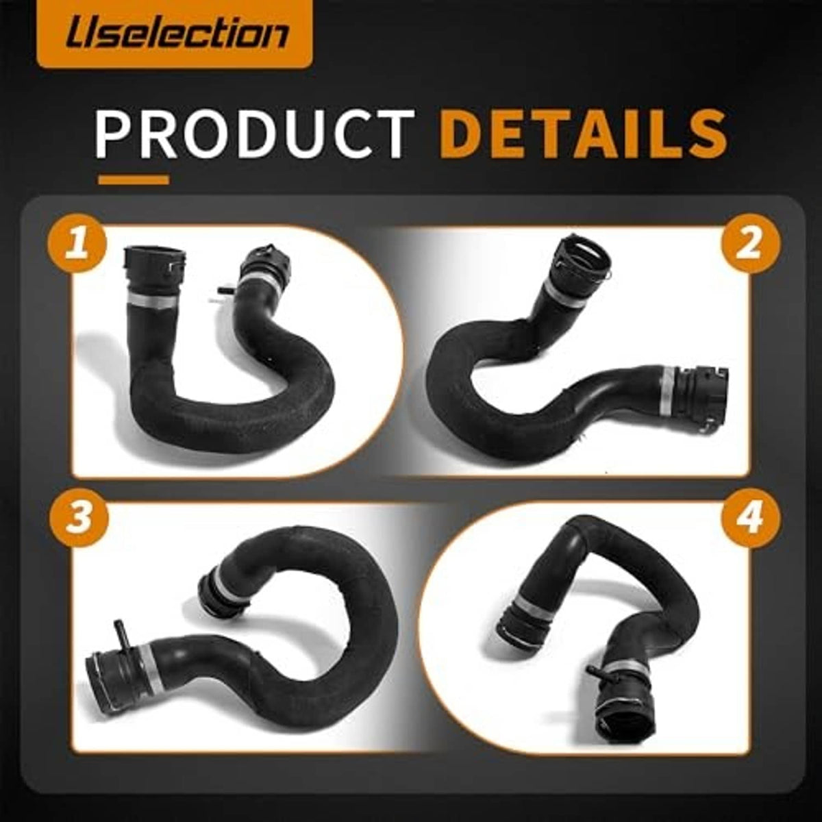 Black radiator coolant hose shown from multiple angles with textured flexible sections.