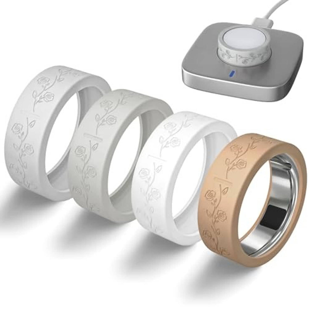 Set of four floral ring covers in white and rose for Oura ring sizing