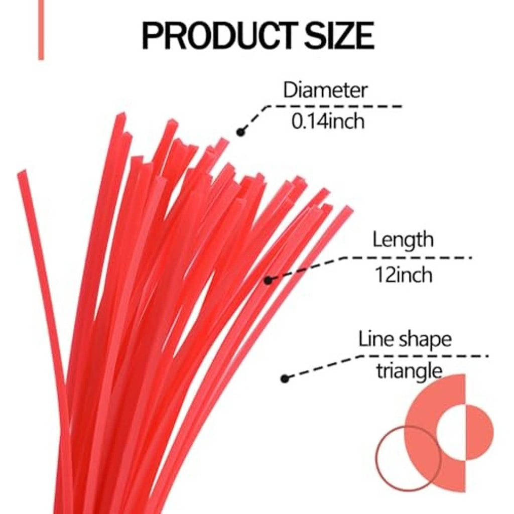 Triangle-shaped red string trimmer line labeled diameter 0.14 in and length 12 in