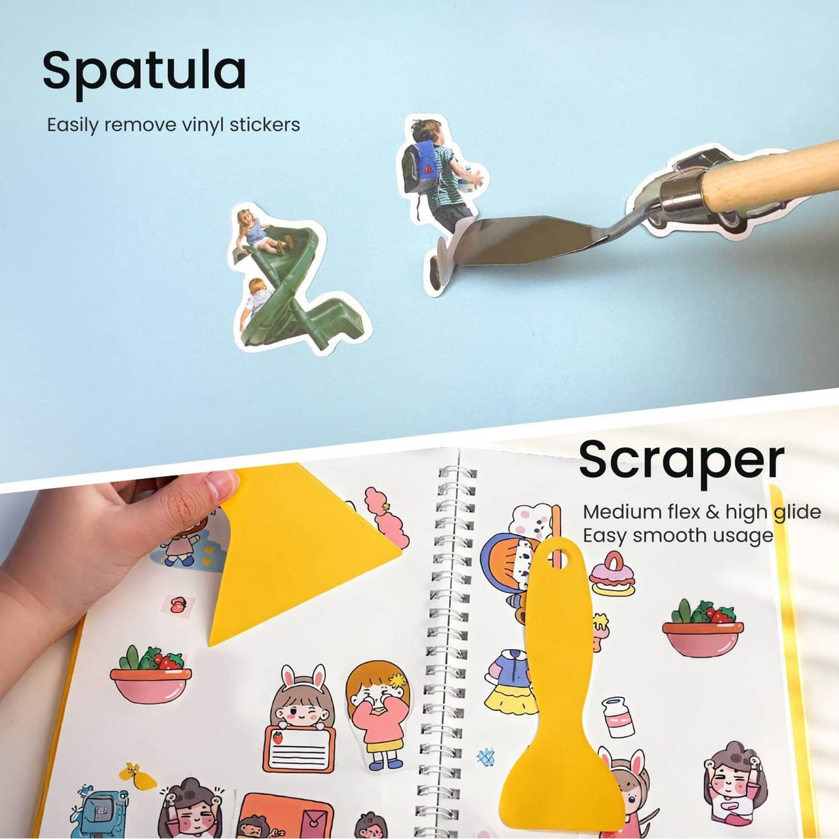 Vinyl scraper and spatula tools with metal blades for removing stickers and vinyl