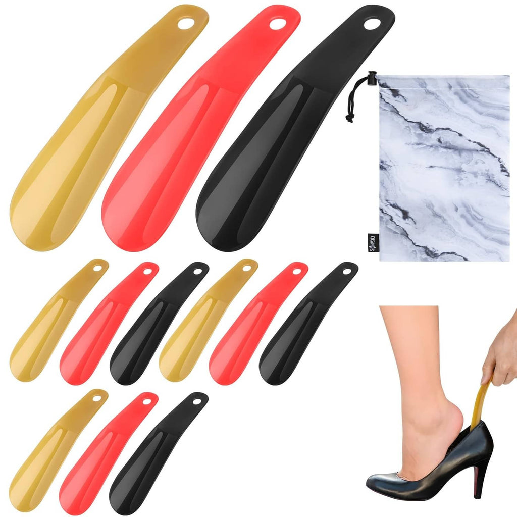 Colored plastic shoe horns set with marble pattern storage bag