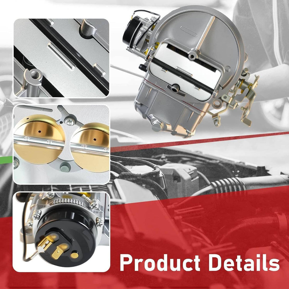 Silver 2BBL carburetor with electric choke, side view and product detail