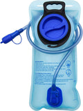 Blue hydration bladder front with wide opening, cap, and connected drinking tube