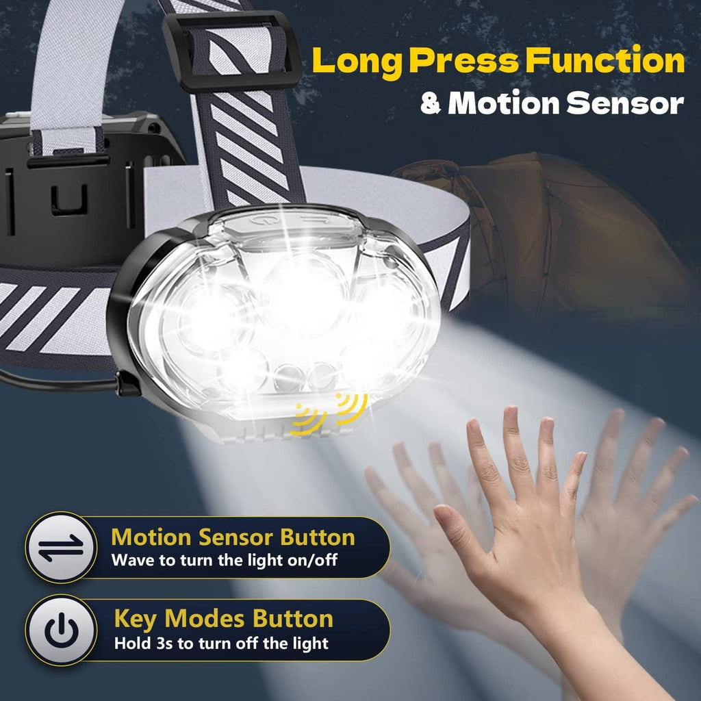 Gray headlamp with striped strap, 5-LED front light, and motion-sensor control buttons