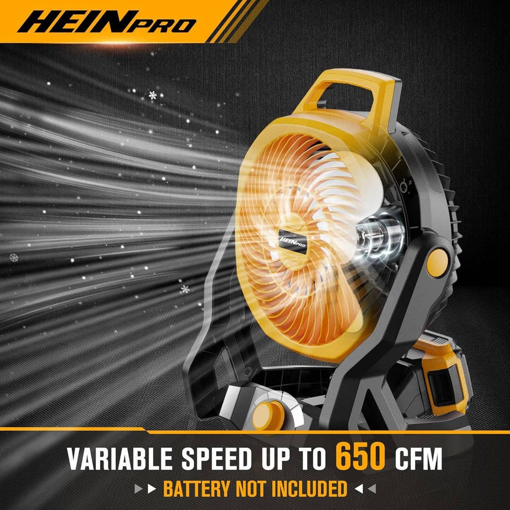 Yellow and black portable fan with front grille, angled view with airflow effect