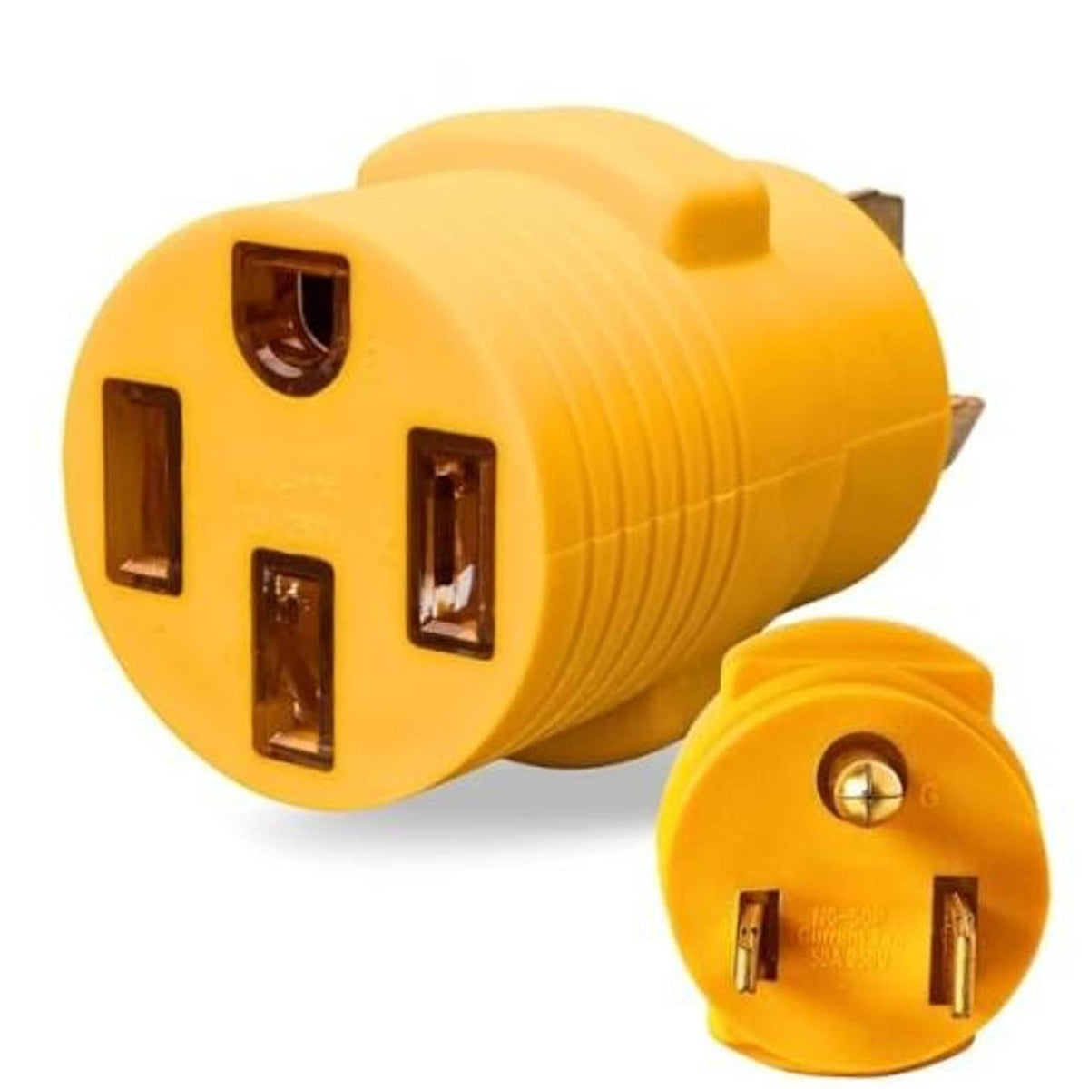 Yellow NEMA-style EV charger adapter plug with angled prongs and small cap end