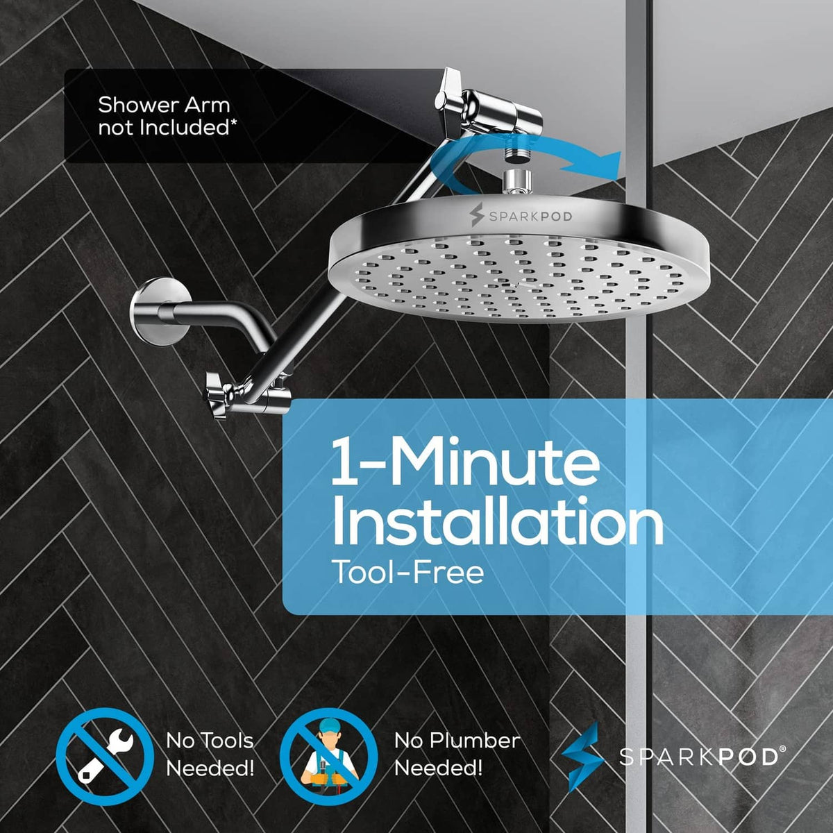 Polished chrome rain shower head with shower arm and overhead nozzle face