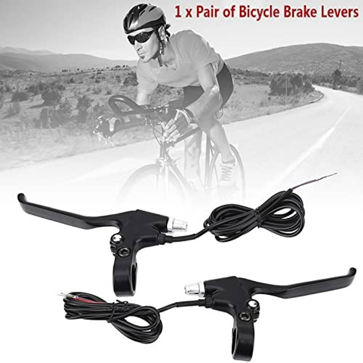 Black bicycle brake lever with coiled cable, wired handlebar control