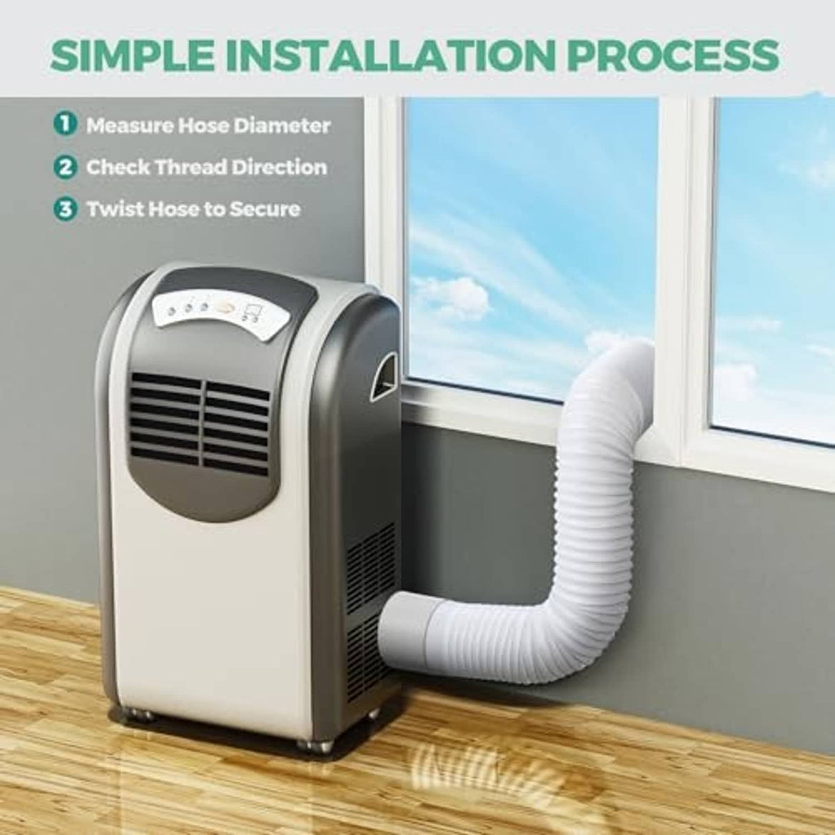 White exhaust hose connected to a portable air conditioner unit for easy installation
