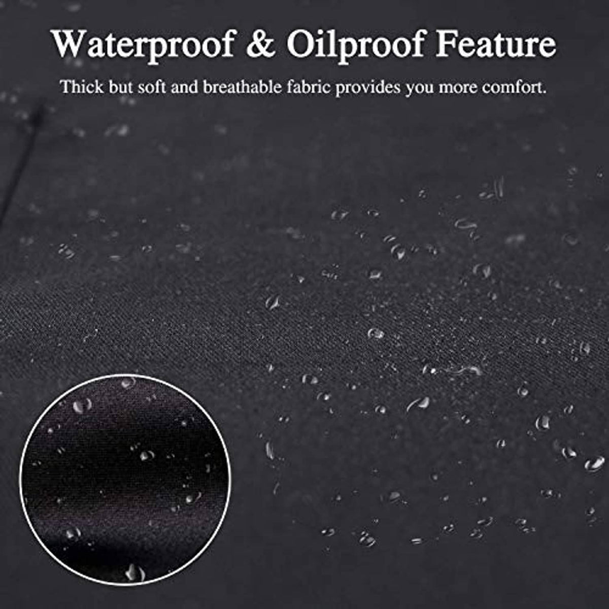 Black apron fabric close-up with water and oil-resistant droplet texture