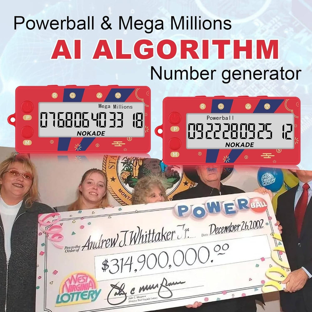 Red lottery number generator device pack for Powerball and Mega Millions, with LCD displays