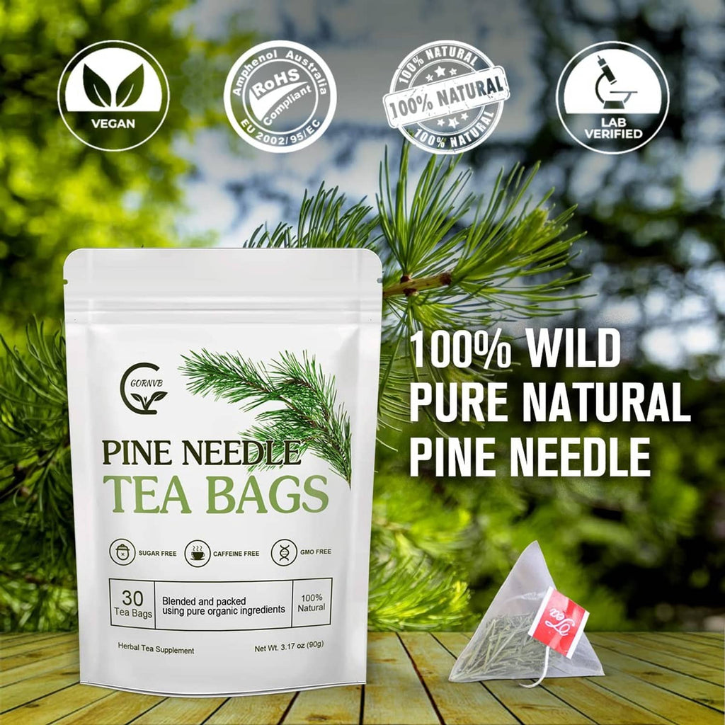 Pine needle tea bags pouch with loose tea bag on a wooden table