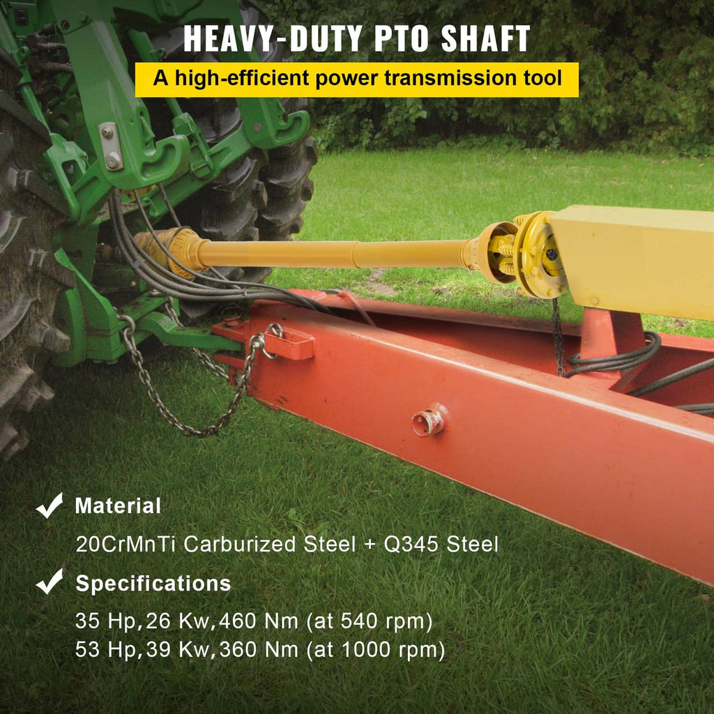 Yellow PTO drive shaft with slip clutch attached to tractor PTO, with chain safety guard