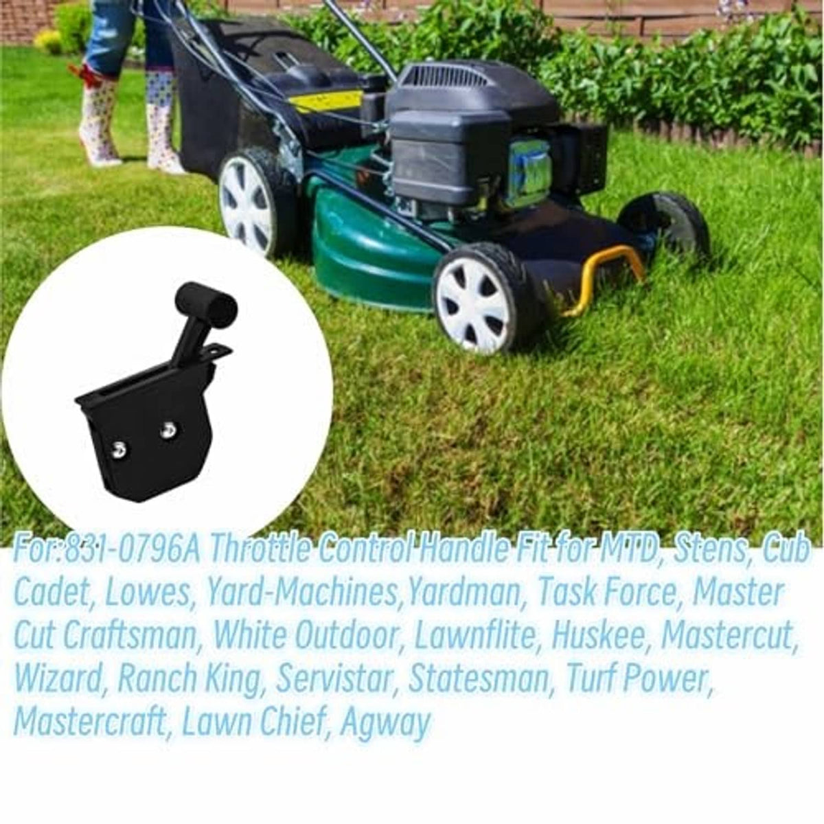 Throttle control handle on a green lawn mower, black mounting bracket