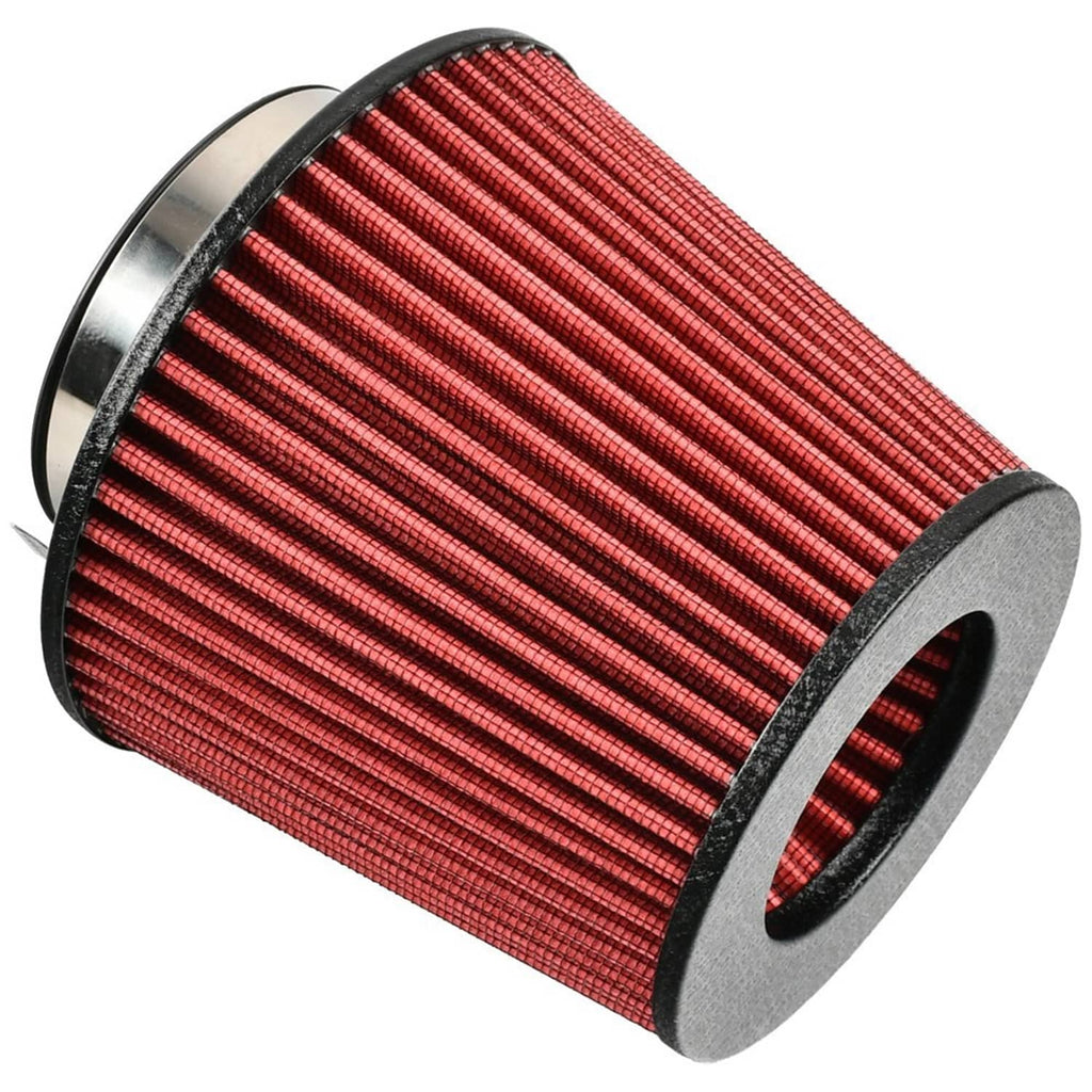 Red pleated cone air filter for cold air intake system with black end cap